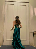 Modest A line Spaghetti Strap Dark Green Satin Prom Dresses Long for Women Formal Evening Gown HZ0311