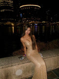 Simple Mermaid Spaghetti Strap Gold Sequins Long Prom Dress Graduation Formal Dresses For Teens HZ0311
