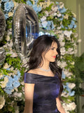 A Line Dark Navy Off-The-Shoulder Long Train Prom Dress Inspo Prom Gown HZ0311
