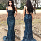 Elegant Mermaid Spaghetti Straps Navy Blue Sequins Long Floor Length Prom Dress Inspiration Prom Dresses HZ0311