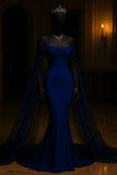 Modest Mermaid Off The Shoulder Marine Ball Dresses Long Formal Gowns Royal Blue Sequin Prom Dresses Evening Gowns HZ0311