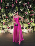 Cheap A line Spaghetti Strap Hot Pink Satin Slit Long Prom Dresses Formal Gown Inspo Evening Outfits HZ0311