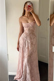 Spaghetti Straps Pink Sheer Lace Long Dress For Teens Prom Dresses HZ0311