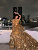 Modest Ball Gown Strapless Gold Layered Prom Dresses Long Sweet 16 Birthday Party Dress Evening Dresses HZ0311