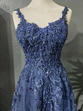 Modest A Line Spaghetti Strap Navy Blue Tulle Long Prom Dresses Graduation Dance Evening Outfits HZ0311
