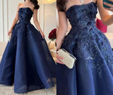 Elegant Navy Blue Strapless Appliques A Line Prom Dress Evening Dress Vestidos De Dia HZ0311