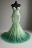 Vintage Mermaid Sweetheart Green Light Omre Tulle Flowers Prom Dresses Inspiration Long Party Dress Prom Gown HZ0311