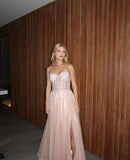 Spaghetti Straps Pink Tulle Corset Fitted Back A line Long Formal Party Dress For Teens Prom Dresses HZ0311