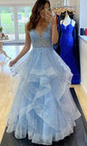 Unique Ball Gown V Neckline Light Sky Blue Lace Prom Dresses Formal Long Tiered Evening Party Gowns Vestidos De Dia HZ0311