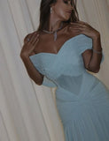 Sexy Mermaid Off The Shoulder Light Sky Blue Chiffon Prom Dresses Party Dress Long Evening Dresses HZ0311