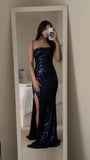 Modest Mermaid Spaghetti Strap Navy Blue Sequin Prom Dresses Inspo Formal Dress Party Outfits Prom Gowns HZ0311