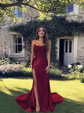 Modest Mermaid Strapless Wine Red Satin Burgundy Prom Dresses With Slit Evening Party Formal Gown 17th Birthday Outfits HZ0311