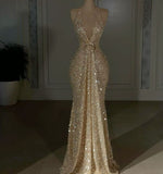 Sexy Mermaid Halter Sequins Gold Prom Dresses Inspiration Long Party Dress Prom Gown HZ0311
