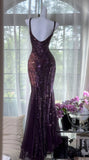 Vintage V Neck Dark Purple Chiffon Sequin Mermaid Long Party Gown Evening Dress 20th Birthday Outfits HZ0311