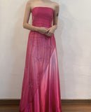 Sexy A Line Strapless Hot Pink Chiffon Beaded Prom Dresses Inspiration Party Dress Prom Gown HZ0311