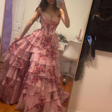 Pink Floral Corset Ball Gown Floral Blush Tiered Chiffon Long Corset Prom Dress with Slit Formal Evening Gowns HZ0311
