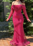 Shinning Mermaid Off The Shoulder Hot Pink Sequins For Women Party Dresses Long Formal Prom Dresses 22th Birthday Gown HZ0311