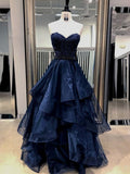 Modest Ball Gown Sweetheart Navy Blue With Silver Beads Prom Dresses Long Sweet 16 Birthday Party Dress Evening Dresses HZ0311