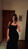 Elegant Sheath Spaghetti Straps Black Sequins Sleeveless Long Prom Dresses 18th Birthday Outfits HZ0311
