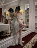 Shiny Off The Shoulder Prom Dresses, Long Evening Formal Gown With High Slit Party Gowns HZ0311
