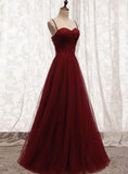 Straps Dark Red Beaded Sweetheart Long Formal Dress, Junior Prom Dress HZ0311