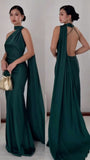 Women's Cocktail Party Gowns Mermaid One Shoulder Dark Green Backless With Pleated Long Graduation Dinner Outfit Prom Dresses HZ0311