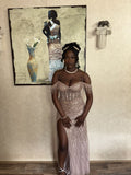 Whimsical Mermaid Off The Shoulder Pink Sequin Beaded Bodice With Slit Long Prom Dresses Night Formal Dress HZ0311