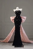 Elegant Mermaid Strapless Black Sequins Long Floor Length Prom Dress With Bow Inspiration Prom Dresses HZ0311
