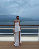 White Strapless Satin Chiffon Split Holiday Summer Prom Dress 18th Birthday Outfits HZ0311