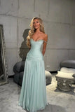Romantic Off-The-Shoulder Chiffon Sleeveless Prom Dress Beads Pleats Graduation Gown HZ0311