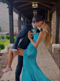 Sexy Sheath Spaghetti Straps Blue With Slit Sequins Evening For Women Party Dress Long Formal Prom Dresses 22th Birthday Gown HZ0311