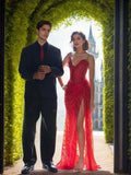 Red Strapless Beaded Fringe Waist Sequin Prom Dress with High Slit For Women HZ0311