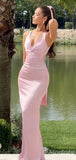 Sexy V-neck Straps Pink Long Mermaid Prom Dress with Bow Detailing Wedding Guest Dress HZ0311