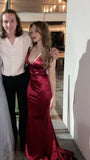 Sexy Mermaid Halter Burgundy Satin For Women Party Dresses Long Formal Prom Dresses 22th Birthday Gown HZ0311