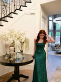 Cute Spaghetti Straps Dark Green Sequins Mermaid Long Prom Dresses For Women HZ0311