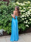 Blue Mermaid V-neck Beaded Back Tie Long Prom Dress Party Dresses For Women HZ0311