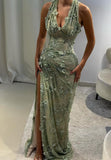 Gorgeous Mermaid Halter Neck Green Long Party Dress With 3D Flowers Evening Gowns HZ0311