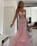 Mermaid Sweetheart Sleeveless Tulle Pink Long Formal Dresses Prom Dress HZ0311