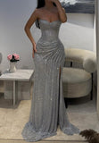 Sweetheart Sleeveless Ruch Side Slit Sheath Sparkly Prom Dresses HZ0311