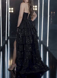 Sparkly Ball Gown Strapless Burgundy Prom Dresses Fashion Evening With Slit Sequin Long Formal Party Gowns HZ0311