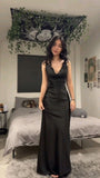 Modern A Line V Neck Black Satin Prom Dress Fashion Aesthetic For Teens Formal Dresses Party Outfits Prom Gown HZ0311