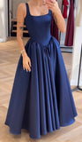 Modest A Line Square Neck Navy Blue Prom Dresses Inspo Simple Long Prom Gowns HZ0311
