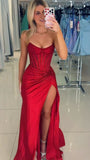 Elegant Mermaid Strapless Navy Blue With Beads Slit Long Formal Prom Evening Dress Dinner Outfits Party Gowns HZ0311