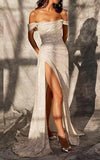 Beige Off Shoulder Mermaid Sequin Long Prom Dresses Elegant Evening Gowns with Slits HZ0311