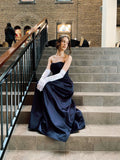 Sexy A Line Strapless Navy Blue Satin Prom Dresses With Gloves Party Dress Evening Dresses HZ0311