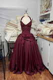 Vintage Burgundy Ball Gown Halter Beaded Satin Long Prom Dress Evening Outfits Formal Dress HZ0311
