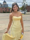 Sparkly Mermaid Strapless Yellow Satin Beaded Long Prom Dresses Inspiration Evening Gowns For Women Formal Party Dress HZ0311