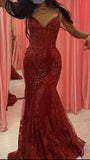Sexy Mermaid Spaghetti Straps Burgundy Sequins Long Prom Dresses Party Dress For Women HZ0311