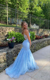 Classy Mermaid Spaghetti Straps Light Blue Tulle Inspo For Women Girls Formal Party Gowns Long Prom Dresses HZ0311