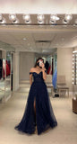 Ball Gown Off The Shoulder Marine Ball Dresses Floor Length Formal Gowns Tulle Navy Blue With Slit Prom Dresses Evening Dress HZ0311